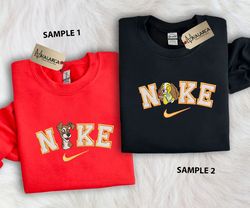 Nike Custom Couple Embroidered Sweatshirt, Cartoon Dog Embroidererd Sweatshirt, Matching Couple Embroidered Hoodie