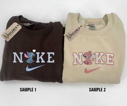 Nike Custom Couple Embroidered Sweatshirt, Nike Angel And Stitch Embroidererd Sweatshirt, Matching Couple Embroidered