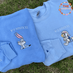 Cartoon Bunny Couple Embroidered Sweatshirt, Valentine Embroidered Sweatshirt, Matching Couple Embroidered Crewneck