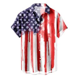 4th Of July Short Sleeve Shirt Stars Independence Day Patriotic Red Casual Button Up Aloha Shirt