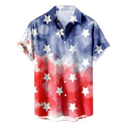 4th Of July Short Sleeve Shirt Stars Independence Day Patriotic Wine Casual Button Up Aloha Shirt