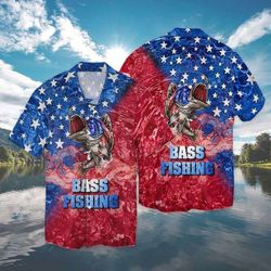 4th Of July Short Sleeve Shirt USA Flag Bass Fishing Patriotic Casual Button Up Aloha Shirt