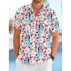 4th Of July Short Sleeve Shirt USA Flag Bluey Ice Cream Patriotic Casual Button Up Aloha Shirt