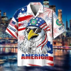4th Of July Short Sleeve Shirt USA Flag Cool Eagle Coast Guard Patriotic Casual Button Up Aloha Shirt
