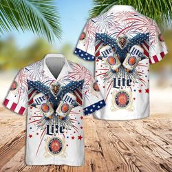 4th Of July Short Sleeve Shirt USA Flag Eagle Miller Lite Patriotic Casual Button Up Aloha Shirt