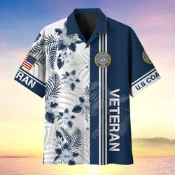 4th Of July Short Sleeve Shirt USA Flag Tropical Coast Guard Patriotic Casual Button Up Aloha Shirt