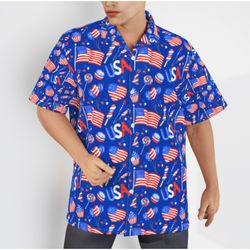 4th Of July Patriotic American Flags Blue Aloha  Summer Graphic Prints Button Up Shirt.jpg