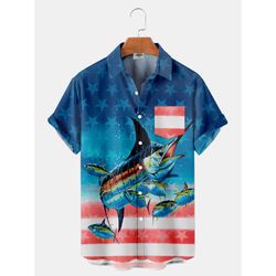 4th Of July USA Flag Swordfish And Tuna Tropical Shirt Summer Beach Patriotic Aloha Shirt