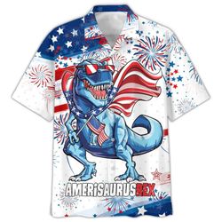 Amerisaurusrex 4th Of July Patriotic American Flags Aloha  Summer Graphic Prints Button Up Shirt.jpg