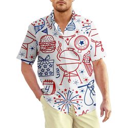 BBQ And Fireworks 4th Of July Patriotic American Flags Aloha  Summer Graphic Prints Button Up Shirt.jpg