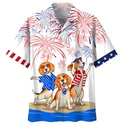 Beagle Dogs 4th Of July Patriotic American Flags Aloha  Summer Graphic Prints Button Up Shirt.jpg