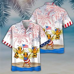 Bee 4th Of July Patriotic American Flags Aloha  Summer Graphic Prints Button Up Shirt.jpg