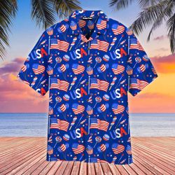 Blue 4th Of July Patriotic American Flags Aloha  Summer Graphic Prints Button Up Shirt.jpg