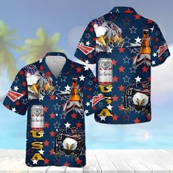 Budweiser Beer 4th Of July Patriotic American Flags Aloha  Summer Graphic Prints Button Up Shirt.jpg