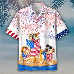 Bulldog 4th Of July Patriotic American Flags Aloha  Summer Graphic Prints Button Up Shirt.jpg