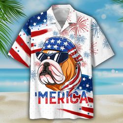 Bulldog Merica 4th Of July Patriotic American Flags Aloha  Summer Graphic Prints Button Up Shirt.jpg