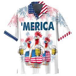 Chicken Beer Merica 4th Of July Patriotic American Flags Aloha  Summer Graphic Prints Button Up Shirt.jpg