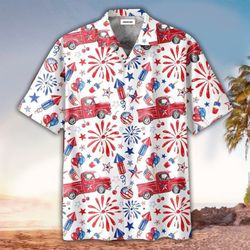 Classic Truck 4th Of July Patriotic American Flags Aloha  Summer Graphic Prints Button Up Shirt.jpg