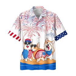 Corgi 4th Of July Patriotic American Flags Aloha  Summer Graphic Prints Button Up Shirt.jpg