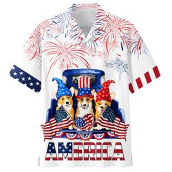 Corgi On Old Truck 4th Of July Patriotic American Flags Aloha  Summer Graphic Prints Button Up Shirt.jpg