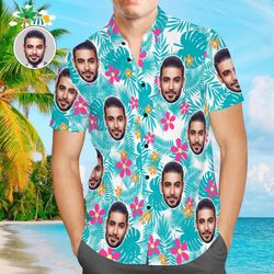 Custom Photo Hawaiian Shirt Cute Flowers and Leaves Personalized Face Casual Button Up Aloha Shirt
