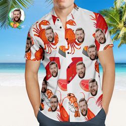 Custom Photo Hawaiian Shirt Lobster Sushi Personalized Face Casual Button Up Aloha Shirt