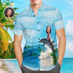 Custom Photo Hawaiian Shirt Sea and Dolphin Personalized Face Casual Button Up Aloha Shirt