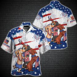 Dachshund 4th Of July Patriotic American Flags Aloha  Summer Graphic Prints Button Up Shirt 1.jpg