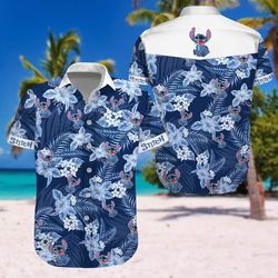 Disney Hawaiian Shirt Summer Beach Stitch Tropical Disney Blue White Aloha Button Up Shirt