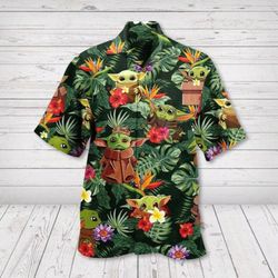 Disney Star Wars Hawaiian Shirt Summer Beach Starwars Baby Yoda Grogu Cute Tropical Pattern Green Aloha Button Up Shirt