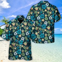 Disney Star Wars Hawaiian Shirt Summer Beach Starwars The Mandalorian Grogu Baby Yoda Leaves Aloha Button Up Shirt
