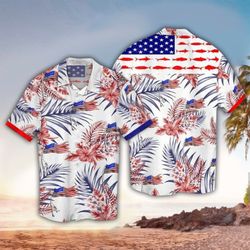 Fishing Hibiscus 4th Of July Patriotic American Flags Aloha  Summer Graphic Prints Button Up Shirt.jpg