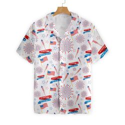 Flag And Firework Pattern 4th Of July Patriotic American Flags Aloha  Summer Graphic Prints Button Up Shirt.jpg