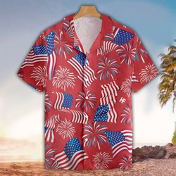 Flag And Firework Red 4th Of July Patriotic American Flags Aloha  Summer Graphic Prints Button Up Shirt.jpg