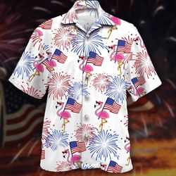 Flamingo And Firework 4th Of July Patriotic American Flags Aloha  Summer Graphic Prints Button Up Shirt.jpg