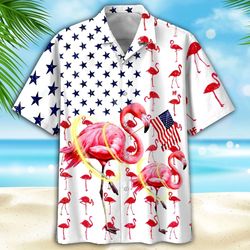 Flamingos 4th Of July Patriotic American Flags Aloha  Summer Graphic Prints Button Up Shirt.jpg