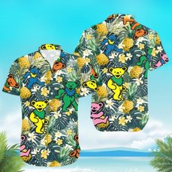 Grateful Dead Tropical Shirt Summer Beach Grateful Dead Bears Pineapple Tropical Forest Aloha Shirt