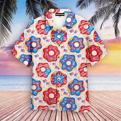 Independence USA Flag Donuts Pink And Blue 4th Of July Tropical Shirt Summer Beach Patriotic Aloha Shirt
