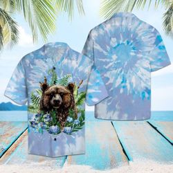 bear tie dye hawaiian shirt summer button up