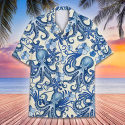 octopus tropical shirts, ocean octopus aloha summer beach shirt, blue octopus tropical shirt, otopus summer shirt