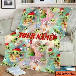 Baby Yoda Star Wars Fleece Blanket, Personalized Christmas Baby Yoda Grogu Blanket, Christmas Gifts, The Mandalorian Bab