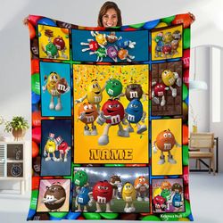 personalized m&ms world fleece blanket  m and m candy blanket  m and m family blanket  family blanket gift  bed couch so