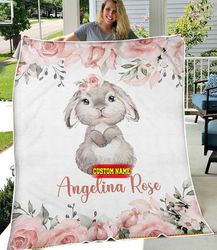 Personalized Baby Girl Blanket, Floral Baby Blanket, Birthday Blanket for Girls, Bunny Water Color Fleece , Sherpa Baby