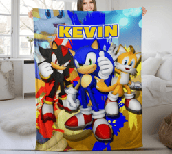 Custom Sonic The Hedgehog Blanket, Personalized Cartoon Hedgehog Minky Sherpa Blanket, Custom Name Blanket