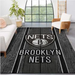 Brooklyn Nets Nba Team Logo Wooden Style Nice Gift Home Decor Rectangle Area Rug 1