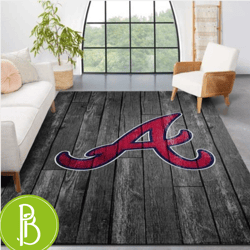 Atlanta Braves Mlb Team Logo Grey Wooden Style Area Rug Unique Home Decor