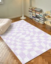 Lilac Checkered Rug Funky Purple Danish Pastel Decor Rug Bedroom Living Room Rug Modern Y2K Rug Plush Trendy Rug