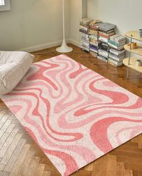 Pink Groovy Wave Retro Rug, Funky Danish Pastel Decor Rug, Bedroom Living Room Rug, Modern Y2K Rug, Plush Trendy Rug
