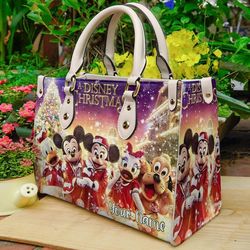 Christmas Disney Characters Wallpaper Handbag, Leather Disneyy Handbag, Mickey Women Bag