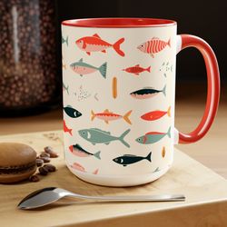 fish graphic coffee mug, fishing gifts for men, vintage lures coffee mug